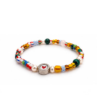 Colorful African Beads Heart Bracelet handmade in Israel with pearls and red heart detail